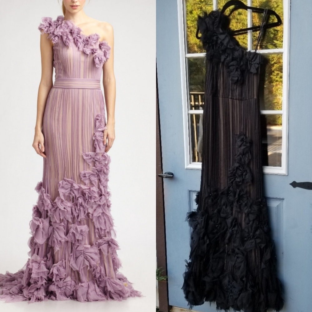 Tadashi Shoji Lilac and Black One-Shoulder Floral Appliqué Gown